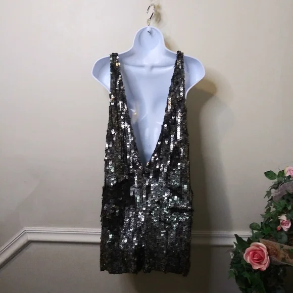 Free People Sexy Navy & Silver Sequinned Plunging Neckline Romper - Picture 4 of 10